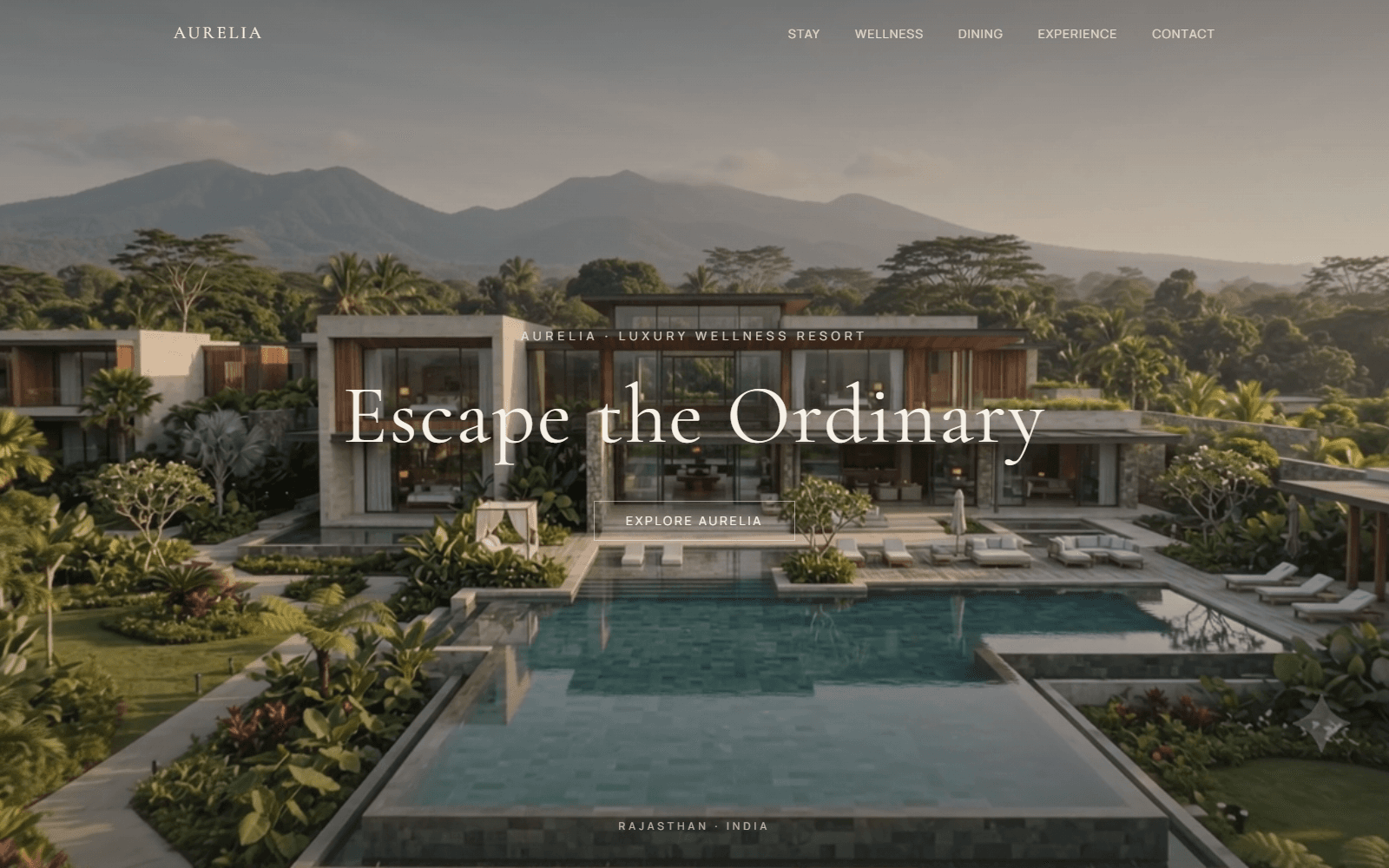 Aurelia homepage hero showing the resort's villa and pool against a mountain backdrop, with the "Escape the Ordinary" headline.