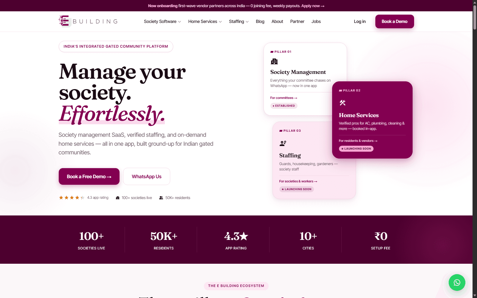 E-Building homepage showing the society management platform's hero section and feature pillars.