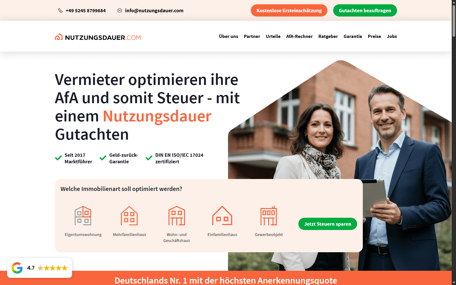 Nutzungsdauer homepage hero showing the AfA tax depreciation platform's landing page.