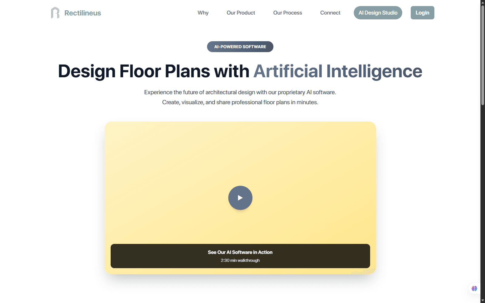 Rectilineus AI Design Studio page, showing its AI floor-plan generation feature.