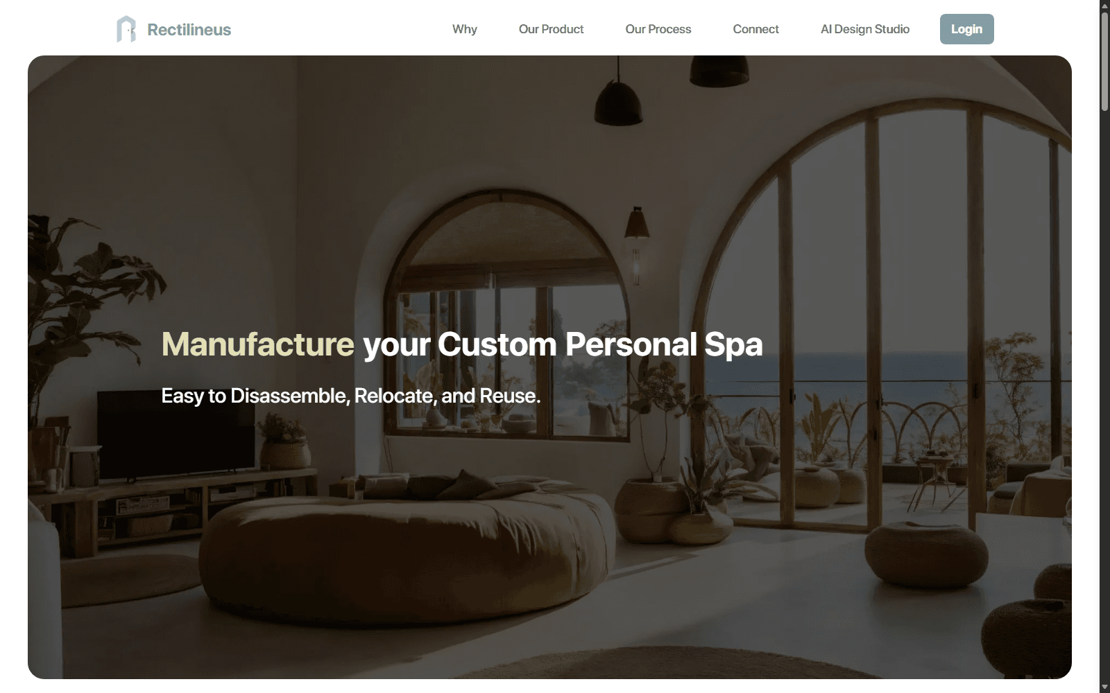 Rectilineus homepage hero showing a custom personal spa design over an interior photo.